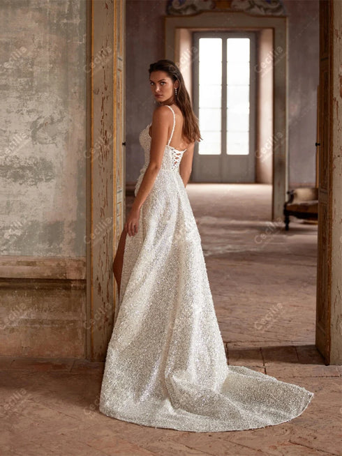 Simple Wedding Dresses Graceful Bridal Gowns Spaghetti Straps High Slit Glamorous Customized